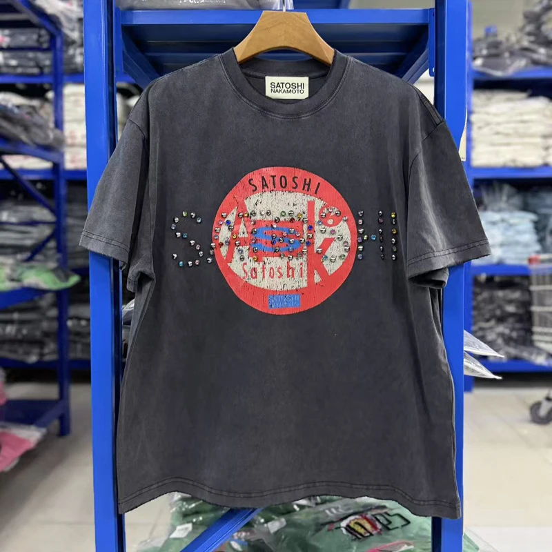 New Summer Men's Women's Satoshi Nakamoto Tops High Street Trend Brand Printed Rhinestone Embellishments Short Sleeves Stock
