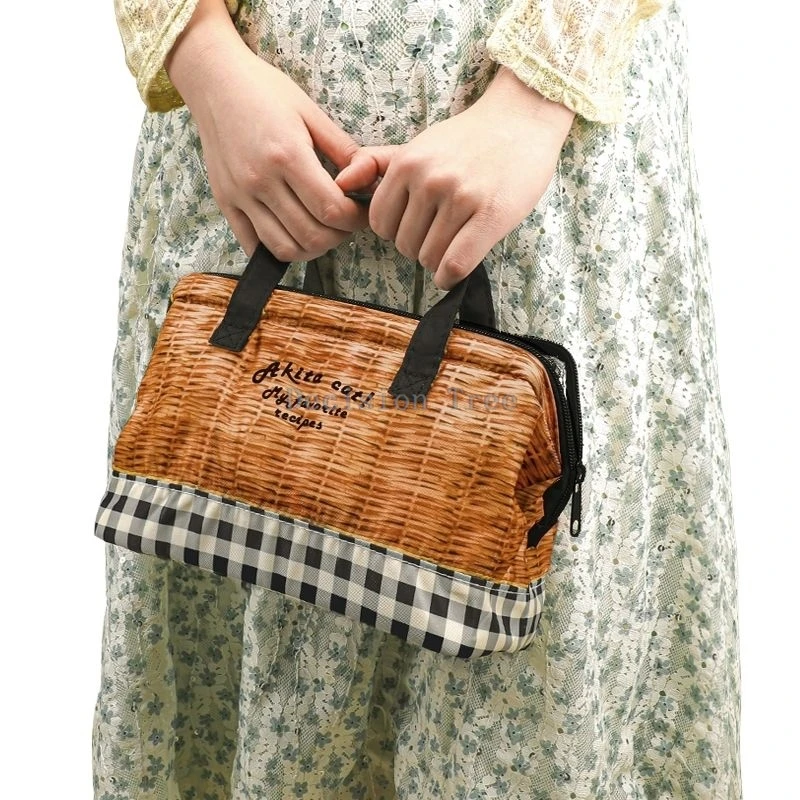 2025 japanese style retro fashion knit small lunch box thermal bento bag hand bag lunch box bag lattice picnic camping bag