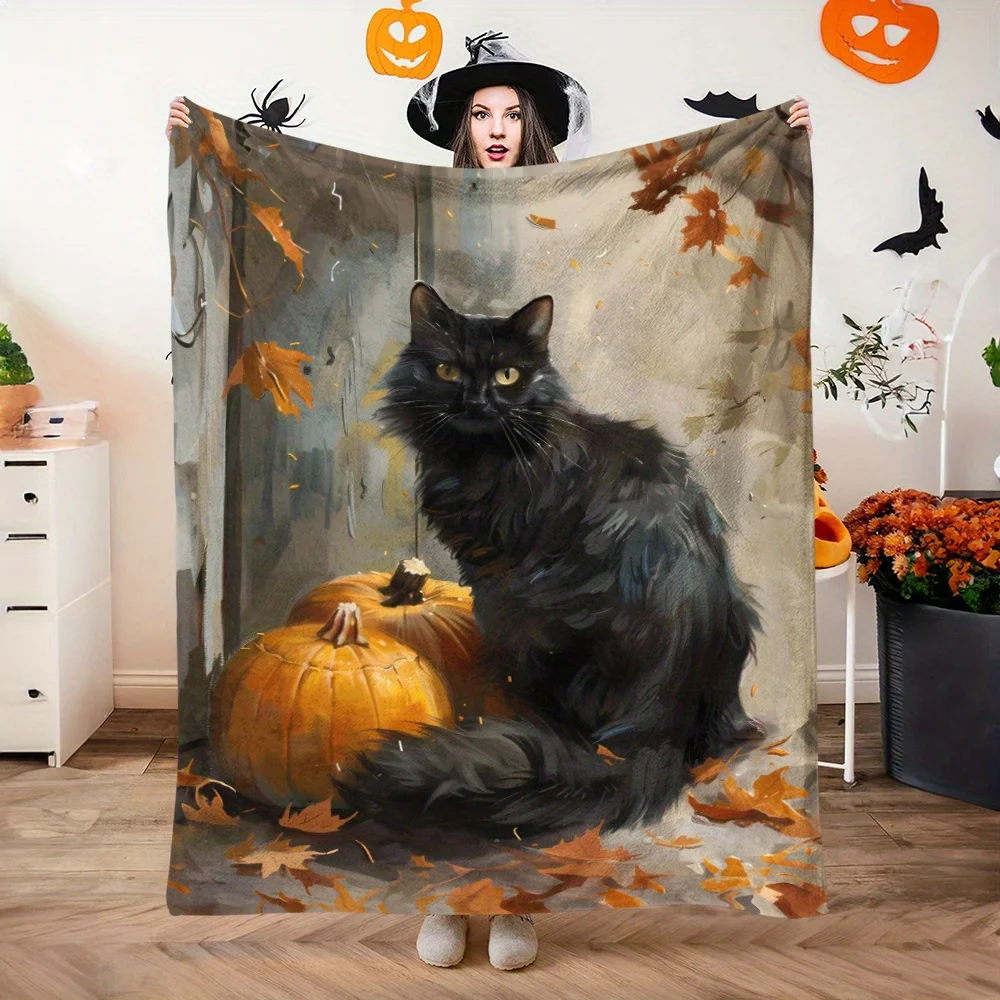 Vintage Oil Painting Black Cat Halloween Flannel Blanket, Pumpkin Maple Leaf Print Soft All Season Throw for Home Camping Decor
