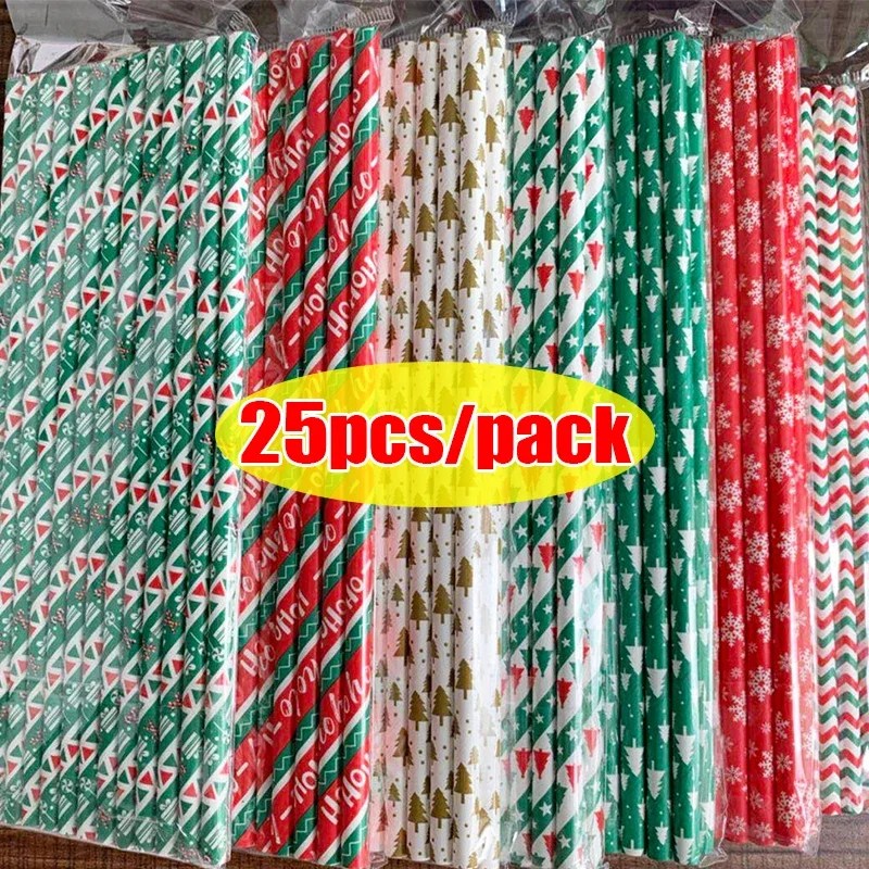 

Christmas Kraft Paper Straw Colorful Print Disposable Paper Drinking Straws Merry Christmas New Year Party Home Decor Supplies