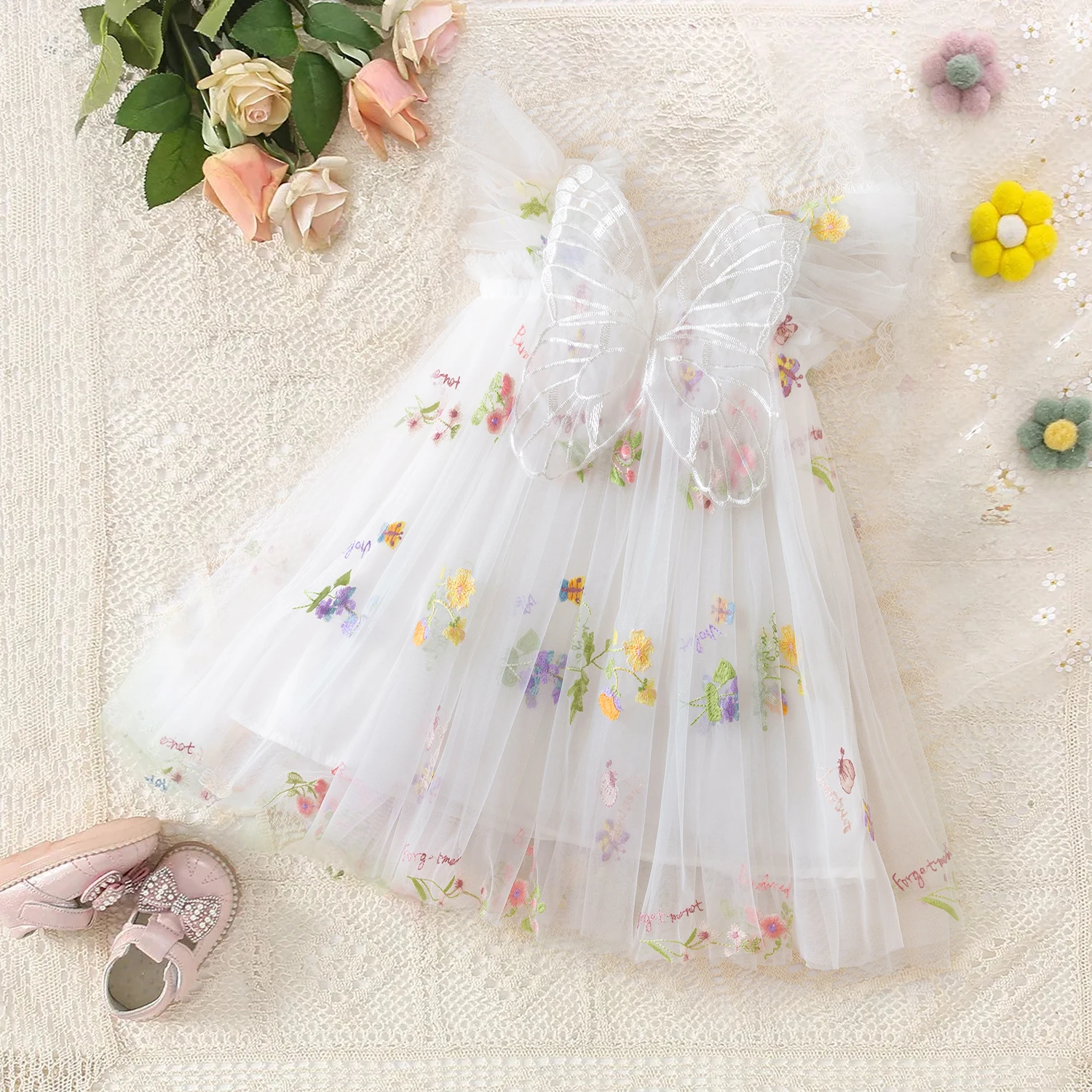 Girls\' Summer Dress Butterfly Dresses for Summer New Flying Sleeve Mesh Princess Dress Baby Girls Floral Embroidery Clothes 1-5Y