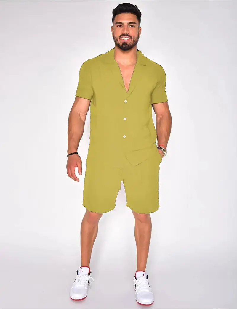 2024  New Style Men\'s Summer Lapel Cotton Linen Solid Color Casual Short Sleeve Shorts Set S-3XL