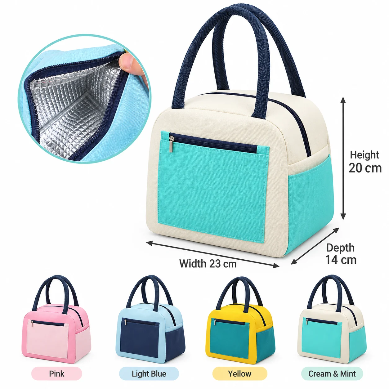 Portable Lunch Bag Large Capacity Food Storage Handbag with Front Pocket for Women Men Office School Picnic Travel