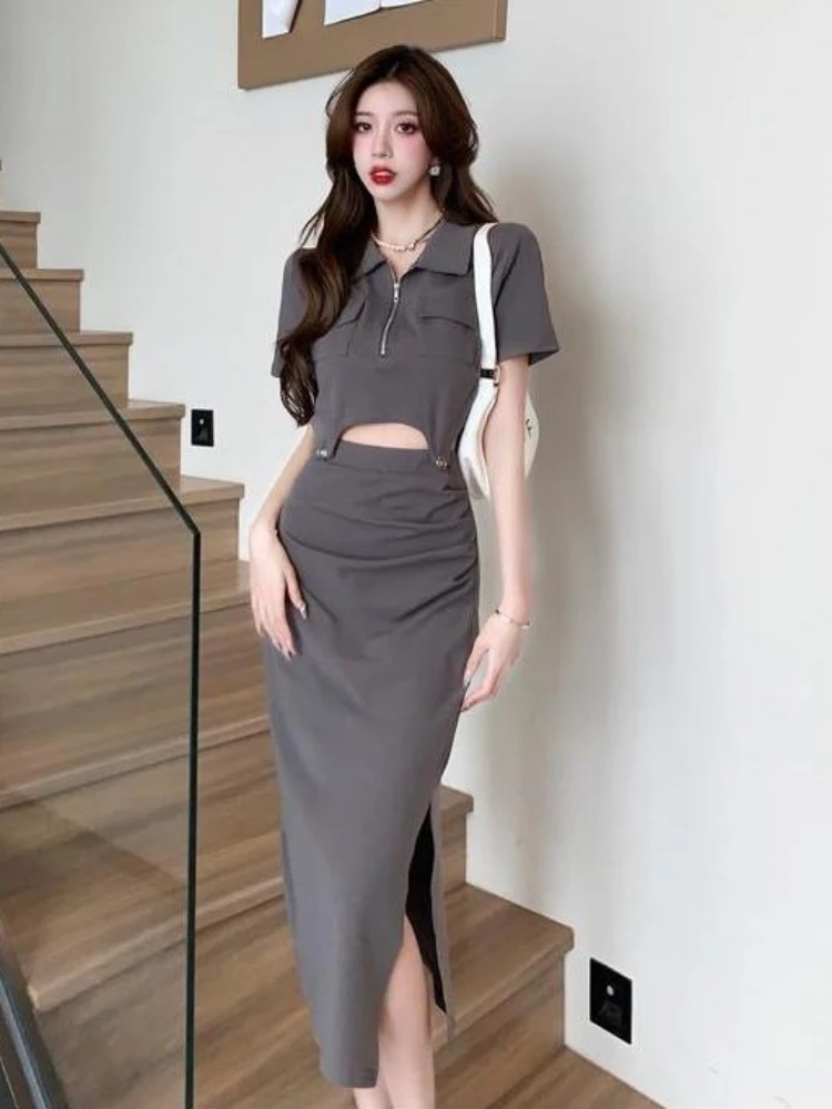 Retro high-end sweet and cool two-piece set spicy girl slim fit trendy street style chic irregular top+split half skirt