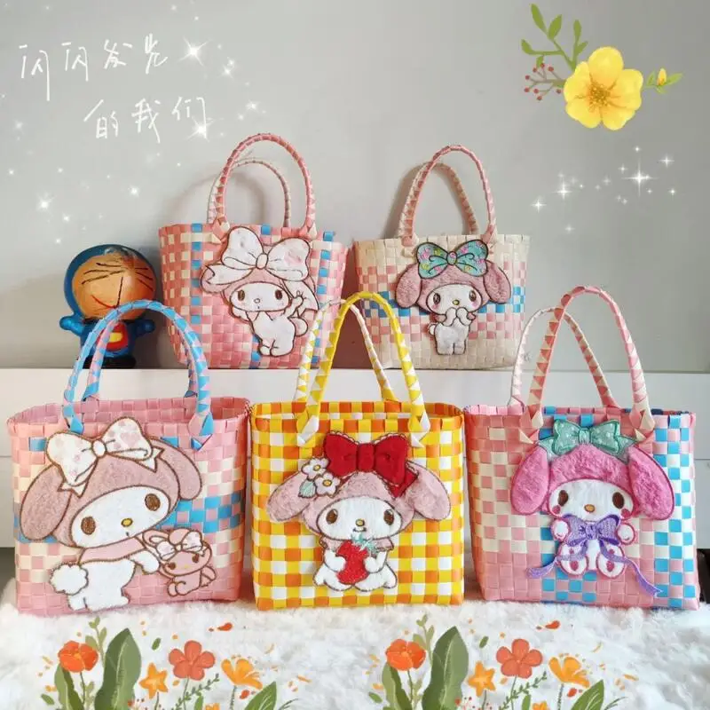 

Sanrio Melody Hand Woven Basket Large Capacity Hand Held Basket Cartoon Outdoor Seaside Leisure Storage Bag Girl Holiday Gifts