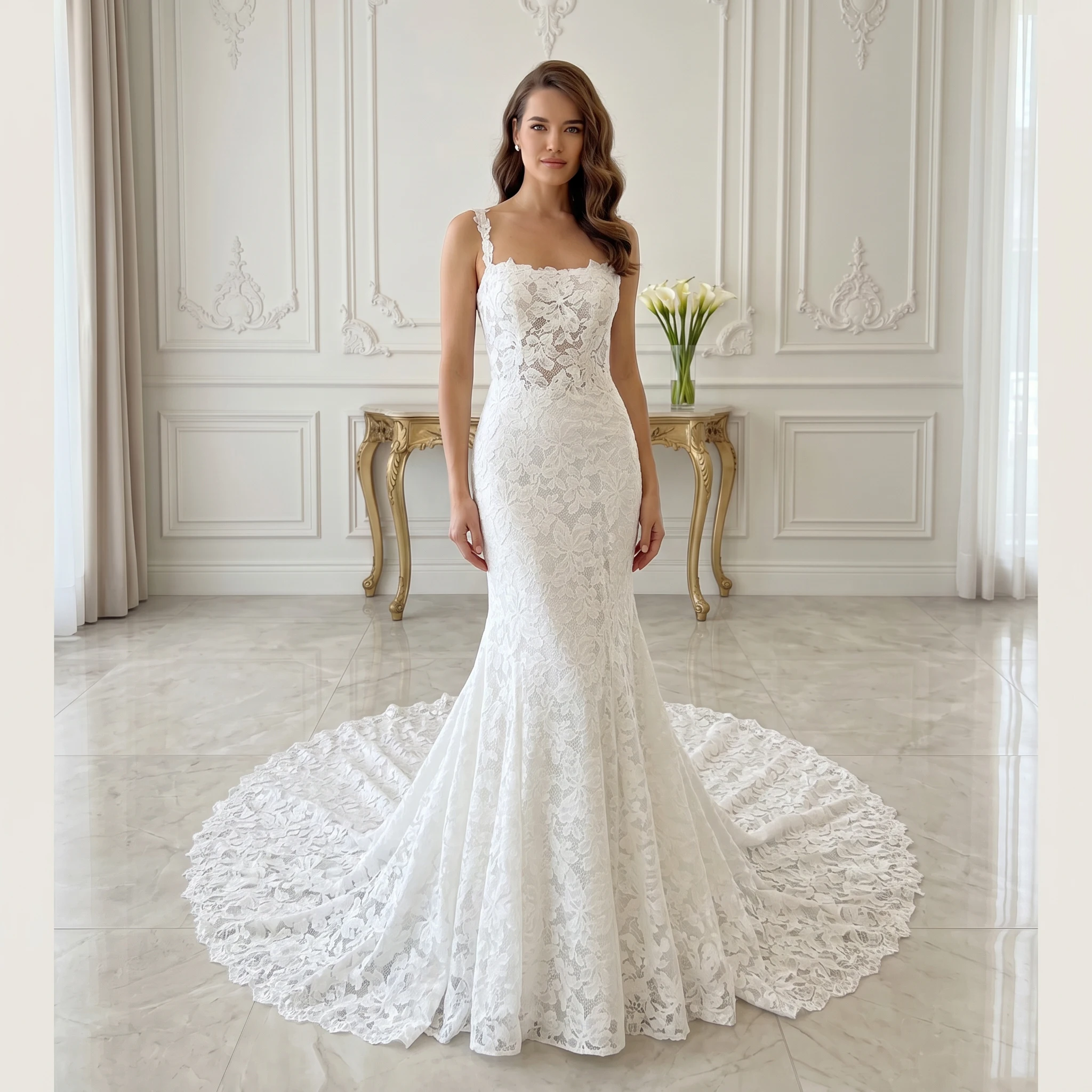 Thick Lace Strap Square Neck Mermaid Wedding Dress Full Floral Lace Illusion Corset Back Scalloped Train Bridal Gown