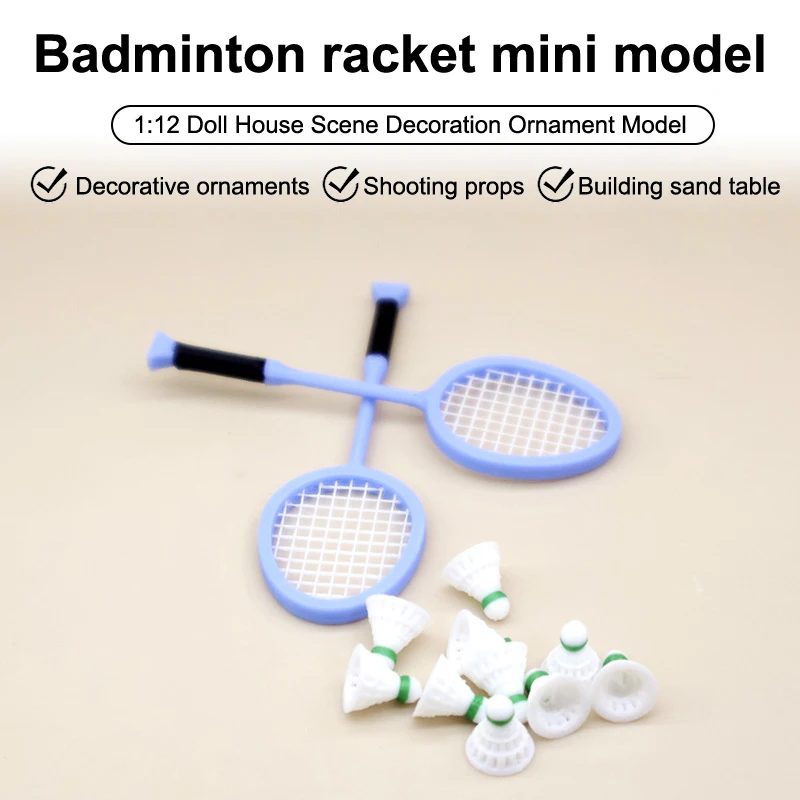 1Pair 1:12 Dollhouse Simulation Mini Badminton Racket Set Dollhouse Sports Scene Decoration Dolls House Pretend Play Toys