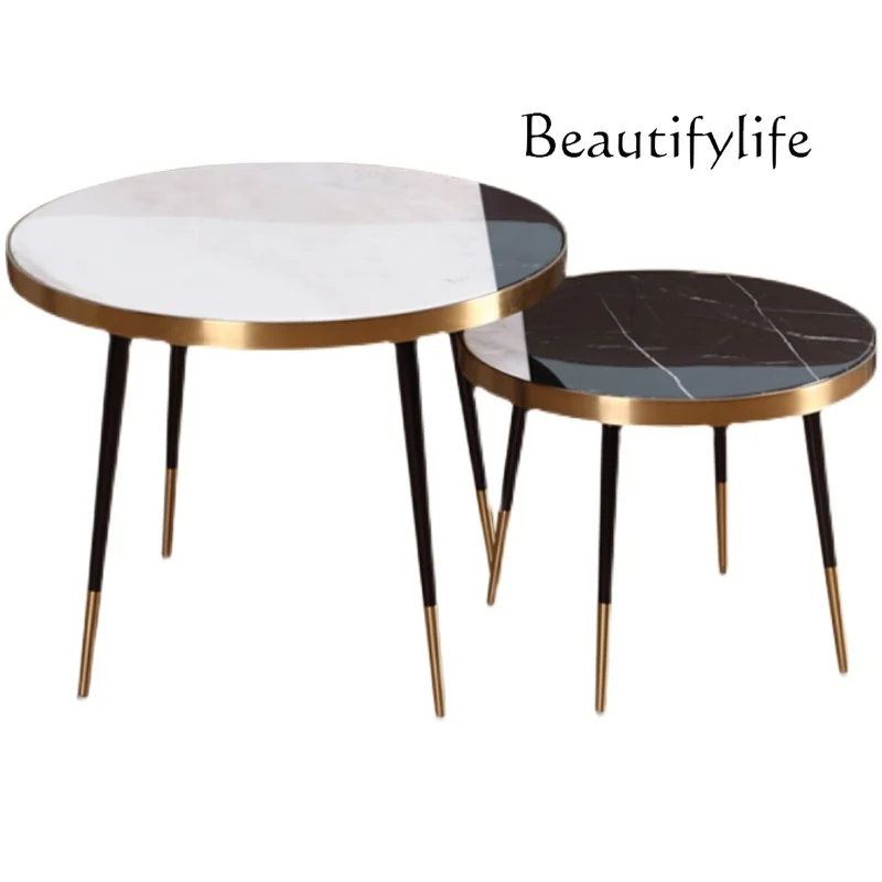 Coffee table light luxury modern simple sofa edge living room household round marble stainless steel