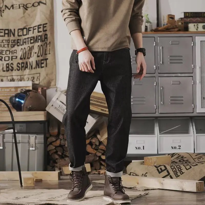 

Свободные прямые японские джинсы, мужские повседневные брюки Харлан большого размера для работы, хлопковые джинсовые брюки со средней талией на молнии