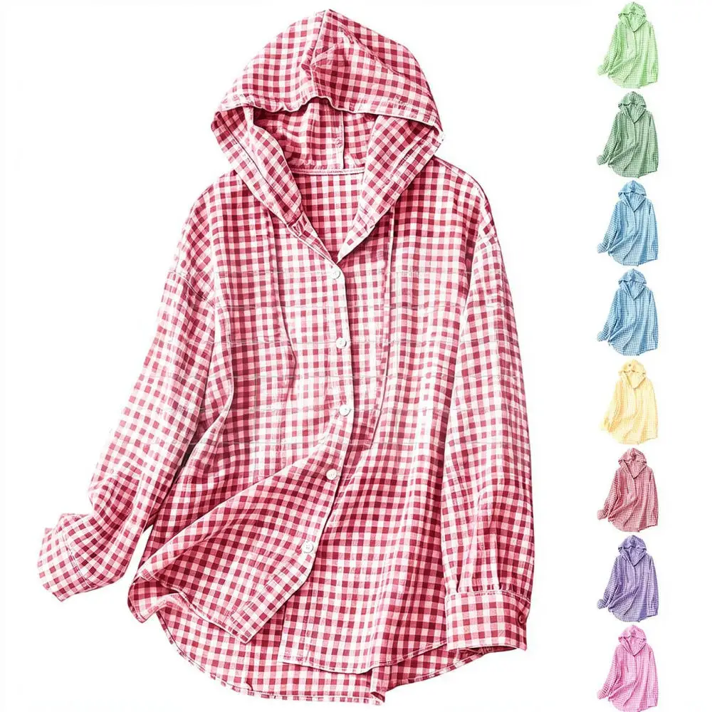 Casual Womens Hooded Shirt Long Sleeve Plaid Pattern Blouse Loose Fit Button Down Elegant Spring Fashion Garment Top