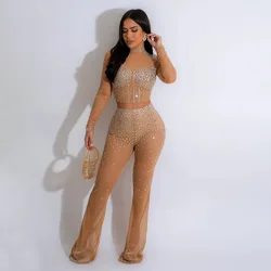 Hot Diamonds Perspective Two Piece Set for Women Sexy See Through Crop Top + Pants Clubwear Party Outfits Matching Sets