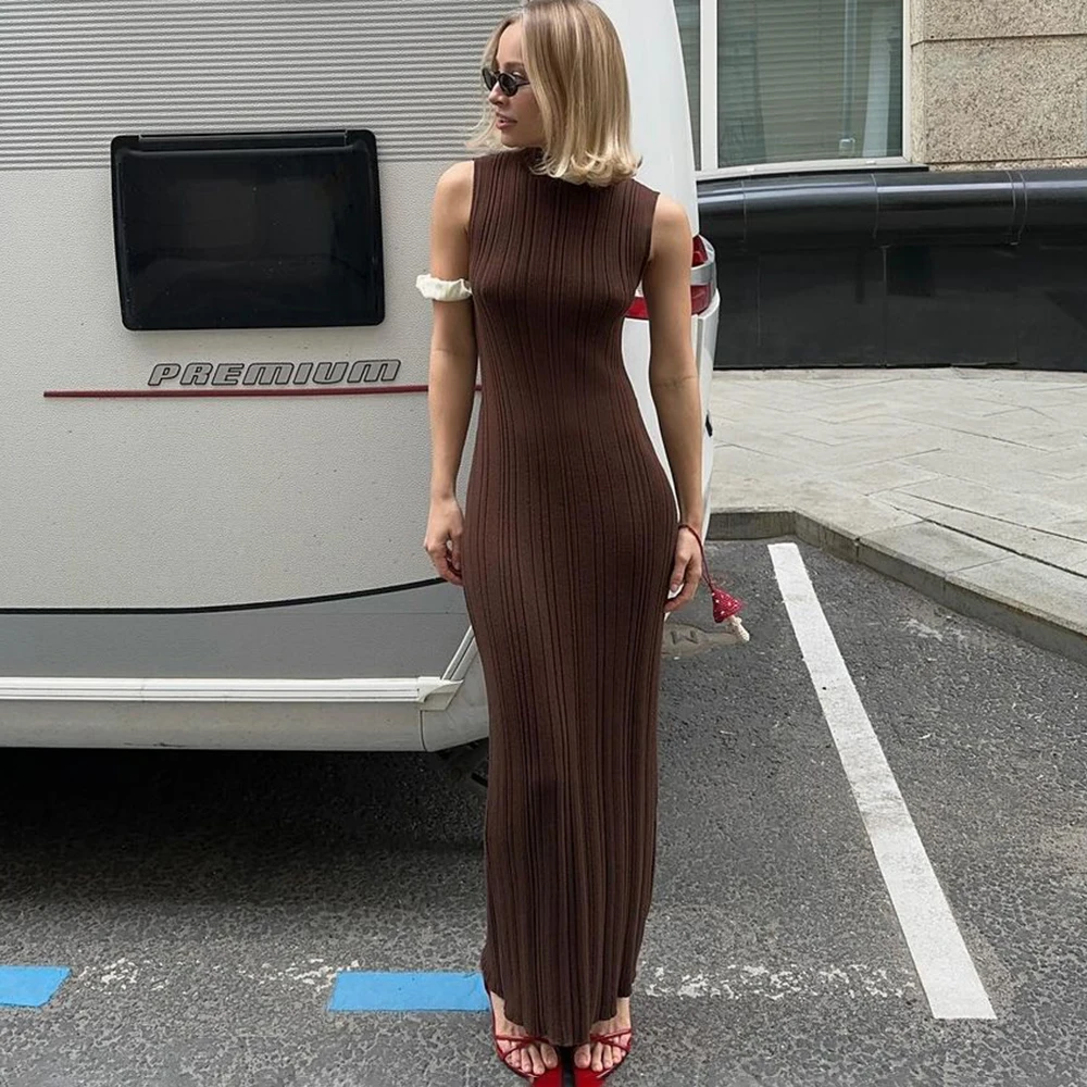 

Поп-вязаное тонкое длинное платье без рукавов, женское модное элегантное вечернее платье с высоким воротом, однотонное сексуальное вязаное длинное платье