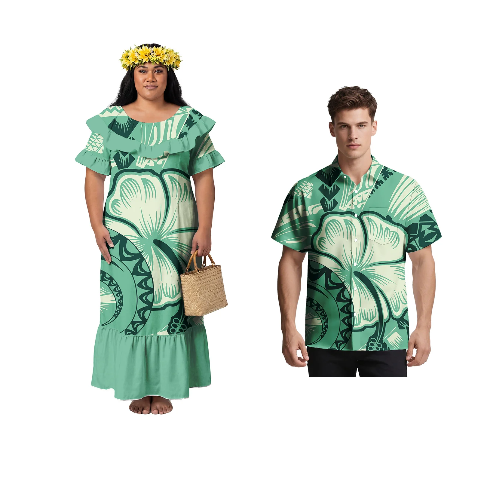 Fashion Royal Blue Couple Clothes Polynesian Men Shirts Samoan Women Dress Custom Hawaiian Island Print Matching Couple Outfits