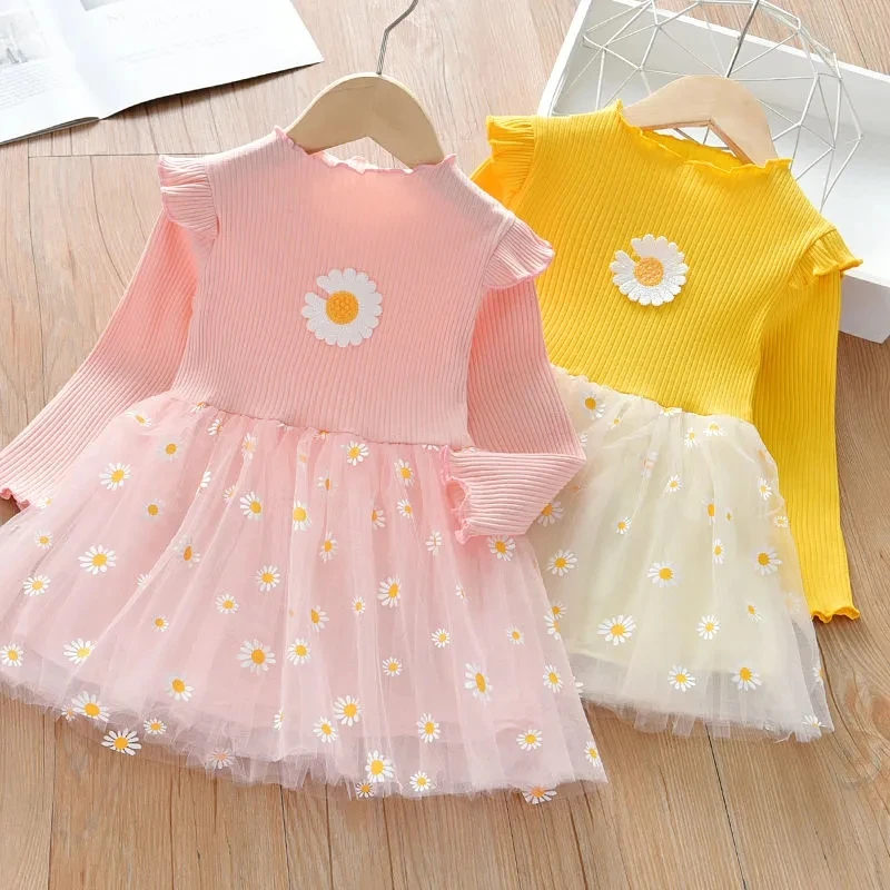 

1-7 Years Toddler Baby Girls Knit Dress Children Flower Patchwork Mesh Princess Dress Kids Long Sleeve Dresses for Girls 2 3 4 5