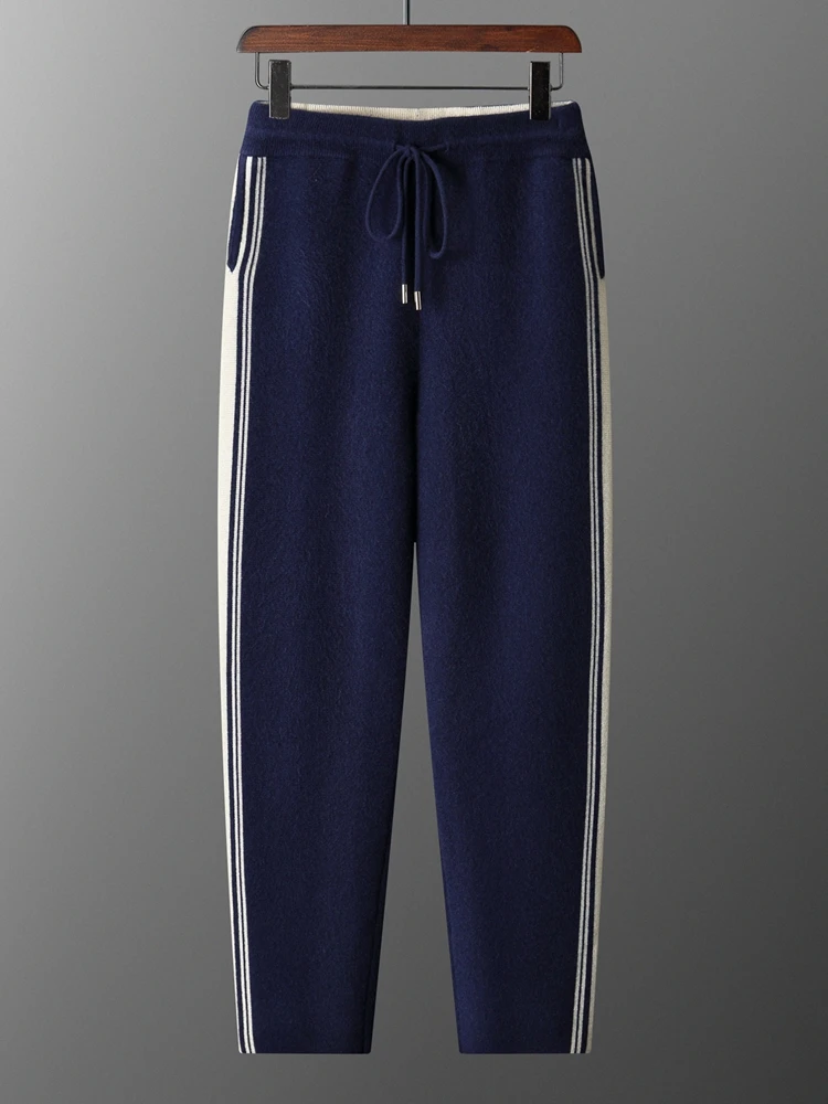 Chic High Quality Men's Autumn Winter Thick Knitted Straight Leg Pants 100% Merino Wool Casual Jacquard Contrast Color Trousers