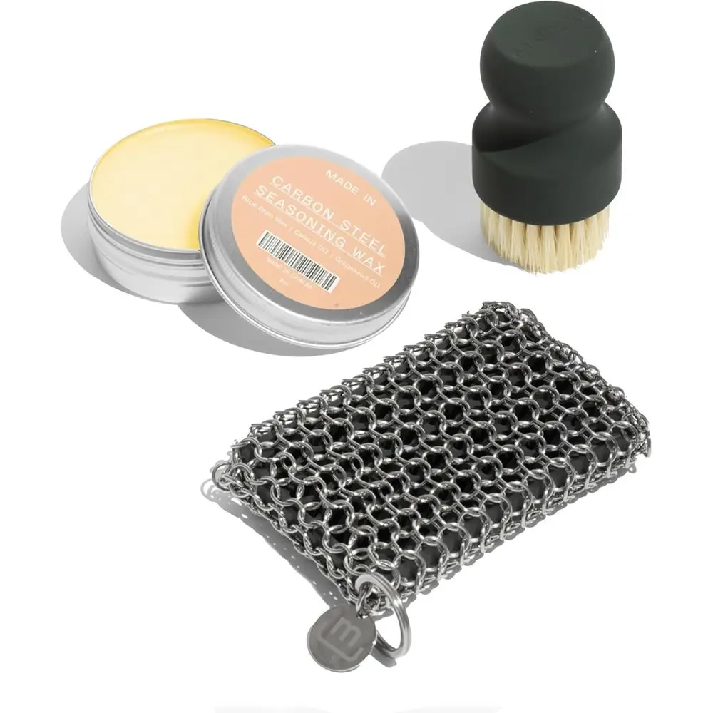 

3-Piece Carbon Steel Cleaning Kit: Chain Mail Scrubber, Brush, and Seasoning Wax
