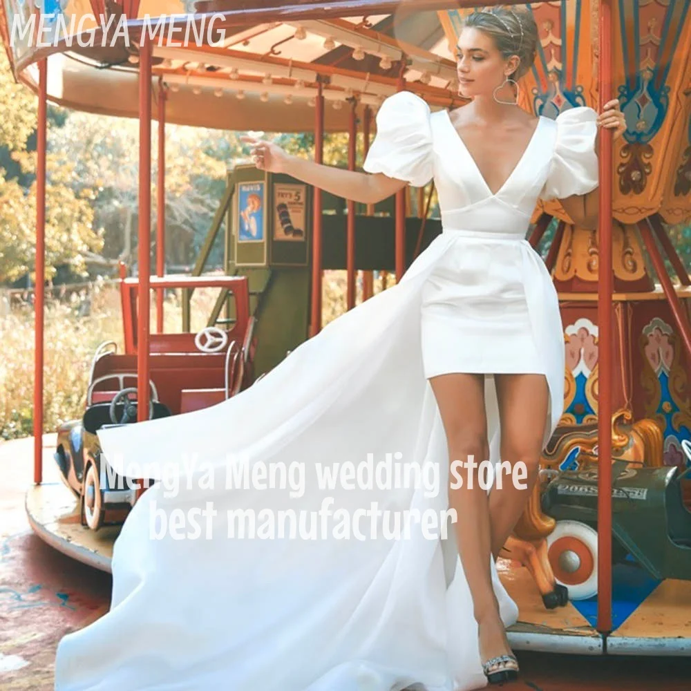 ZHUISHU Two Piece Satin V-Neck Beach Short Wedding Dresses Backless Puff Sleeves A-line Elegant Mini Bridal Gowns Customized