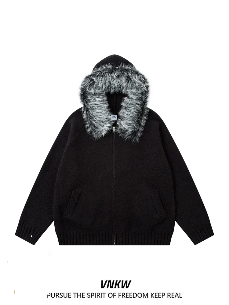 

American Retro Thiened Knitted Cardigan Coat with Hood for Men And Women Loose Winter Warm Couple Sweater Jaet