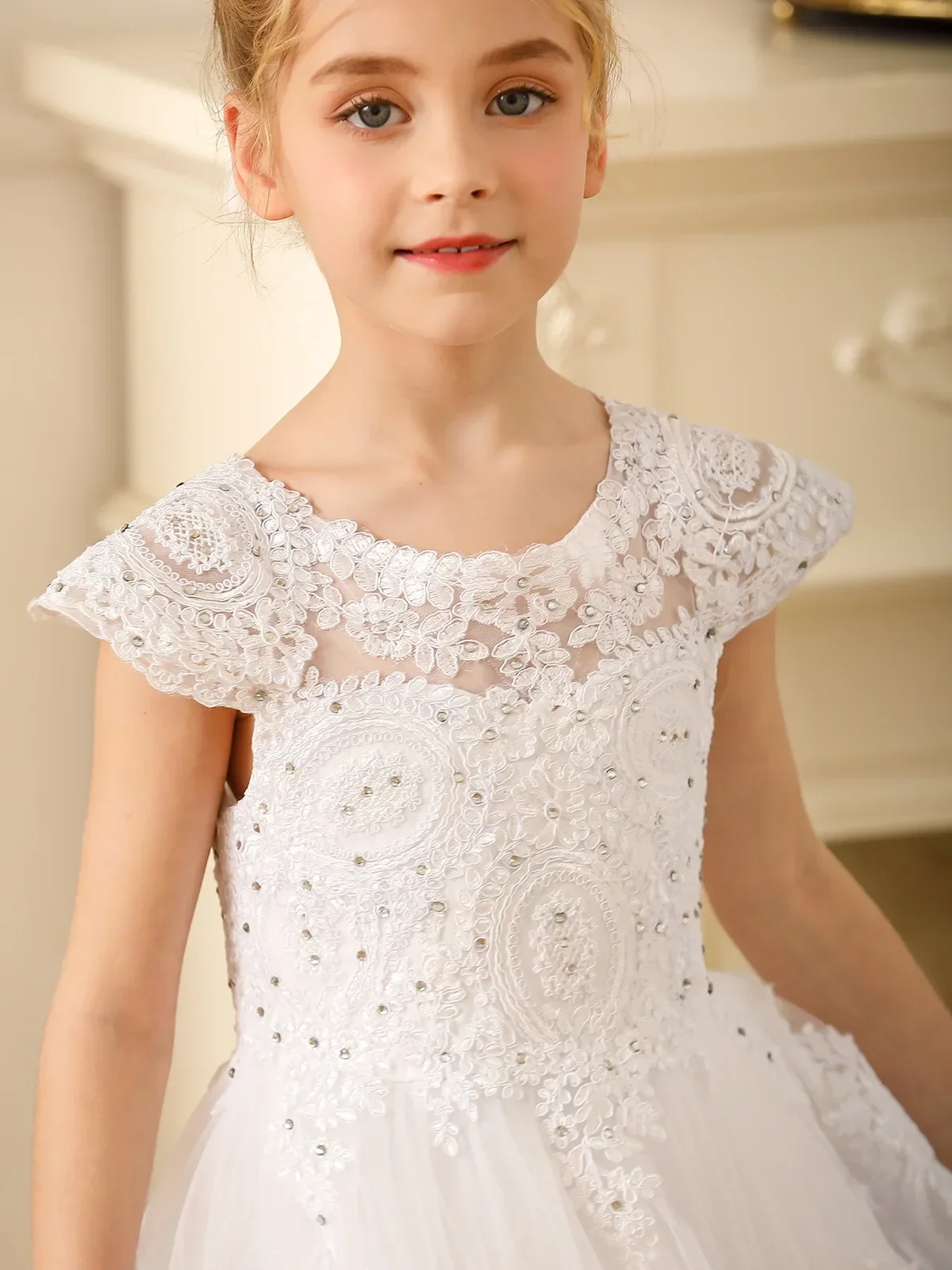 piano communion Lace embroidered washing dress for girls with diamond inlaid long floor skirt, flower girl wedding performance