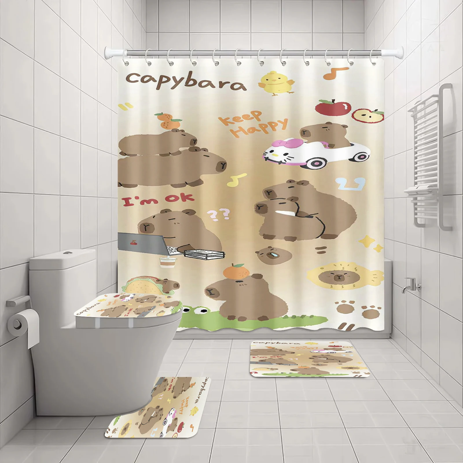 Cartoon Capybara Shower Curtain Bathroom Curtains Set Cute Anime General Decorations 4 Pcs Anime Hangings Accessories