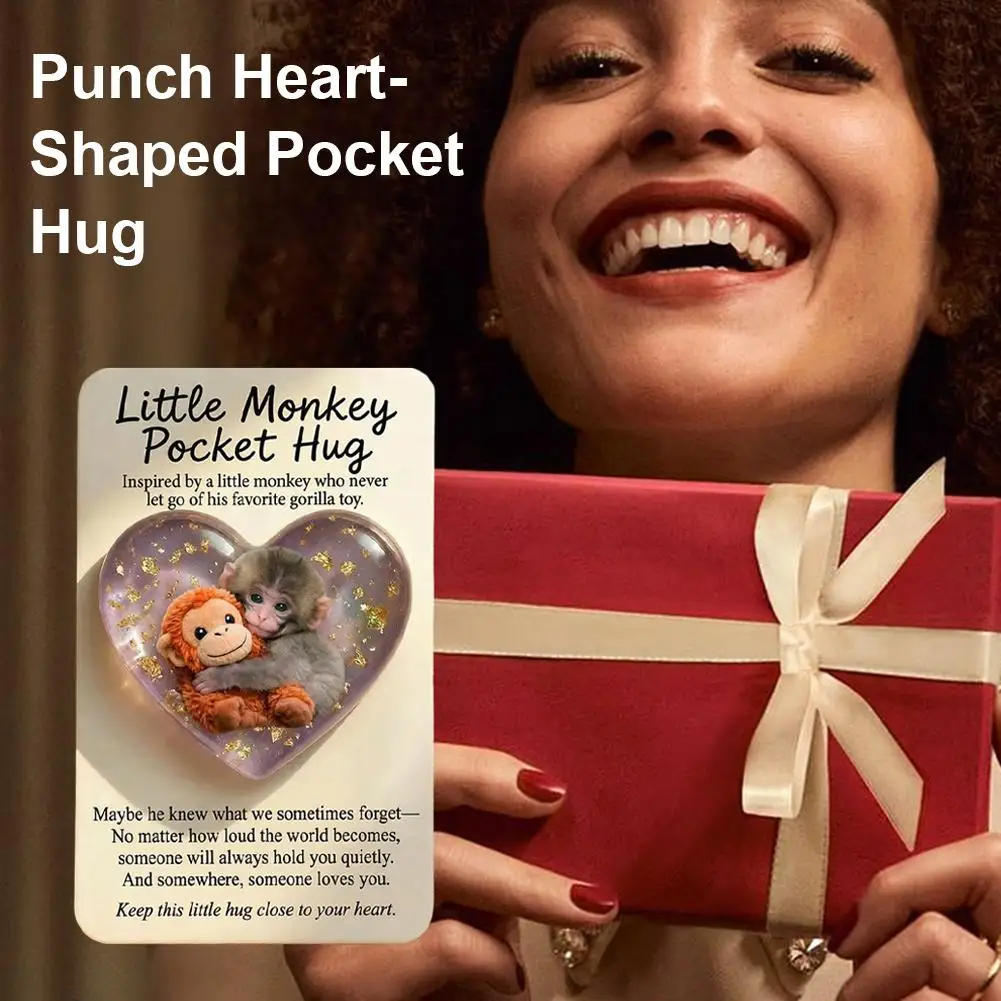 Punch Heart-Shaped Pocket Hug Little Monkey Acrylic Hug Token With Greeting Card Inspirational Gift for Friends Family Kids