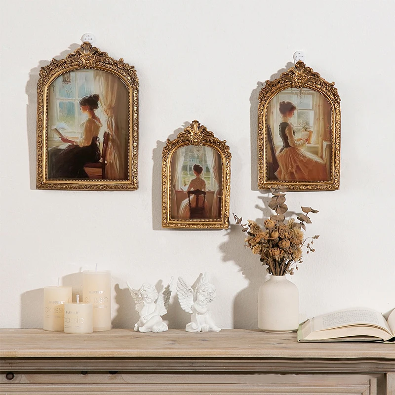 Antique Arch Shaped Photo Frame Gold Color Carved Embossed Resin Picture Frame Holder Wall Hanging Home Table Decoration Crafts