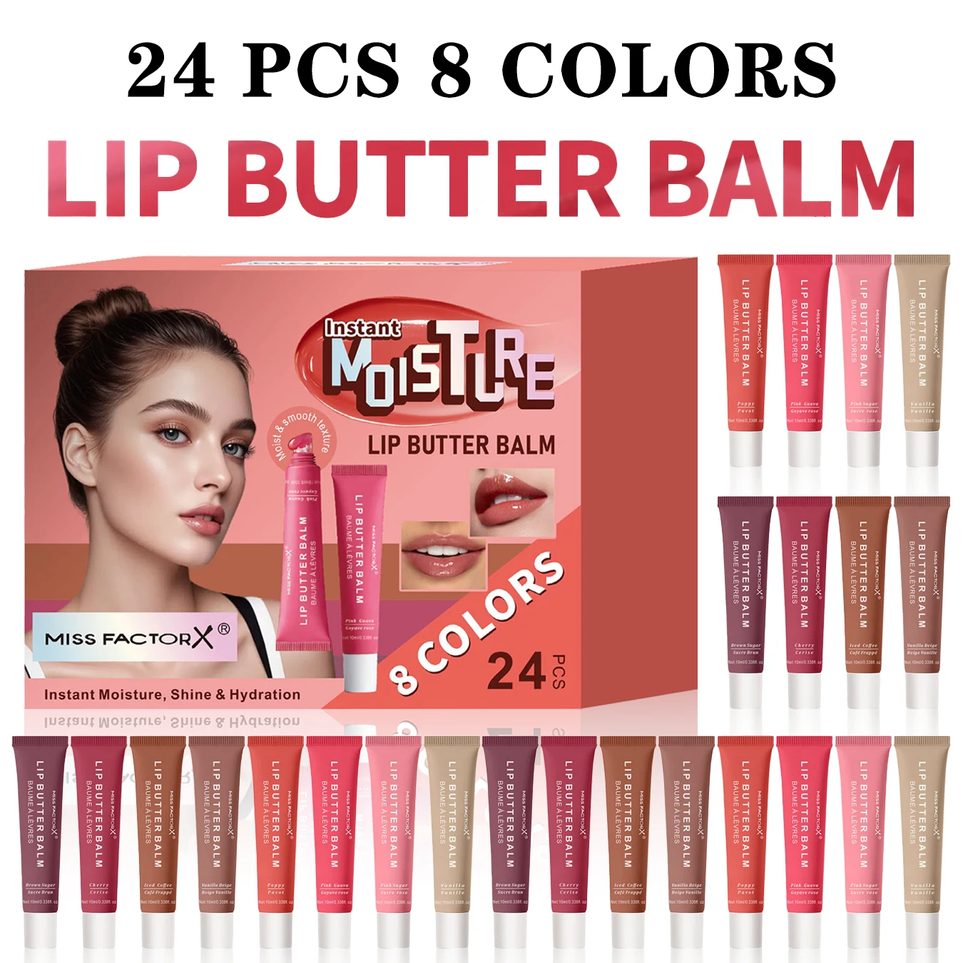 24Pcs 8 Colors Hydrating Butter Lip Gloss Gift Set, Moisturizing Glossy Finish, For Daily Makeup & Holiday Gifting