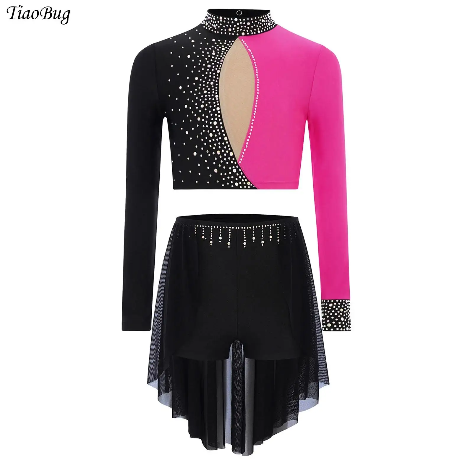 

2Pcs Kids Girls Figure Skating Dance Outfit Long Sleeve Sparkly Rhinestones Crop Top+Skirt Performance Lyrical Ballet Dancewear