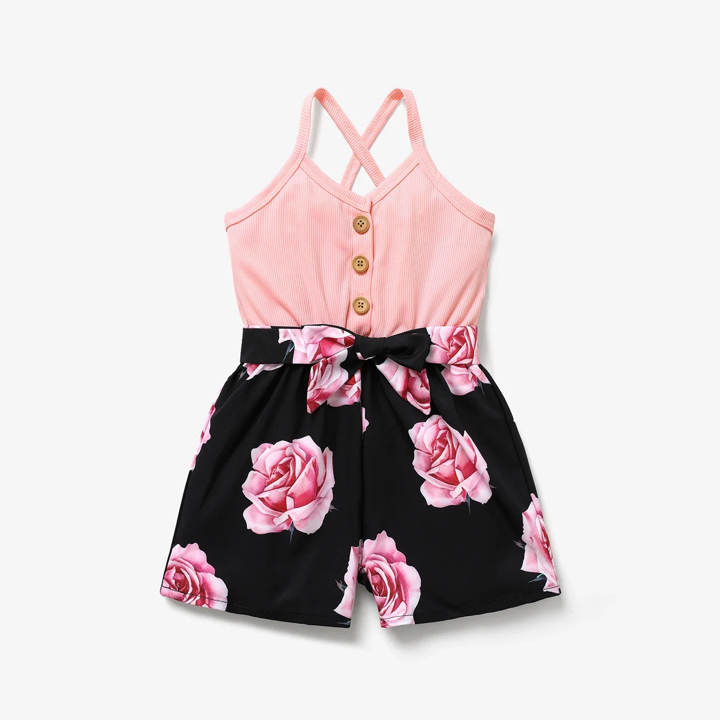 PatPat Toddler Girl Floral Print Splice Button Design Back Crisscross Belted Cami Romper Soft Perfect for Outings