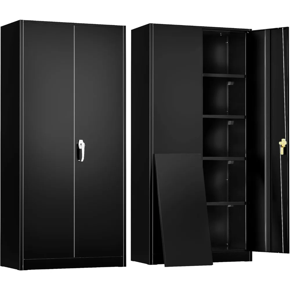 Gabinete de almacenamiento, gabinete con cerradura de acero para garaje negro de 72 pulgadas con puertas y 4 estantes ajustables Gabinete alto para archivos y herramientas con cerradura