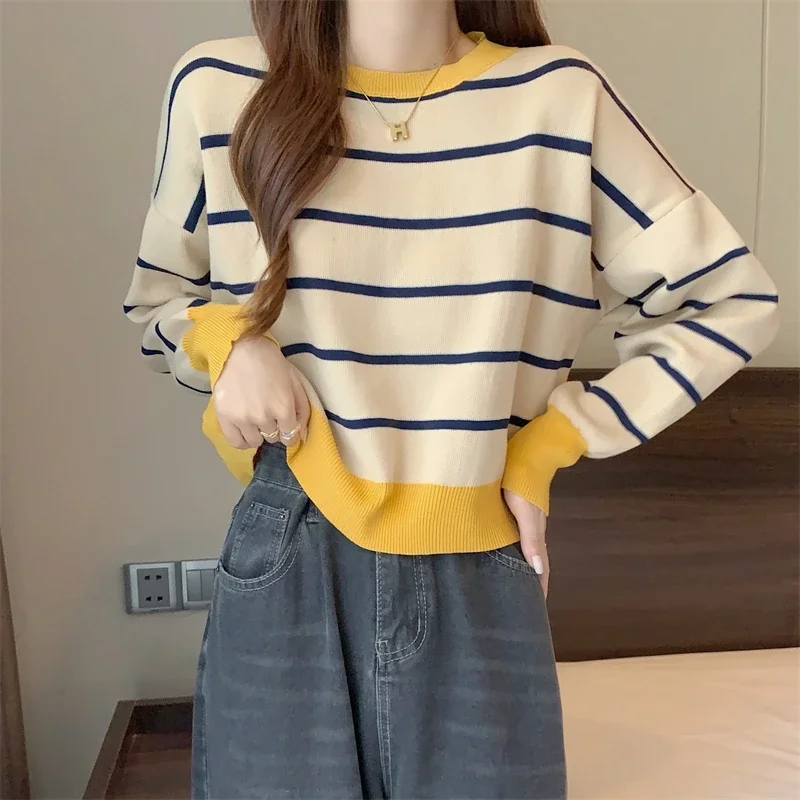 

Vintage red stripe Pullover Knitted Casual Sweaters spring Autumn Loose Sweater Women Fashion Female Long Sleeve O-neck Knitwear