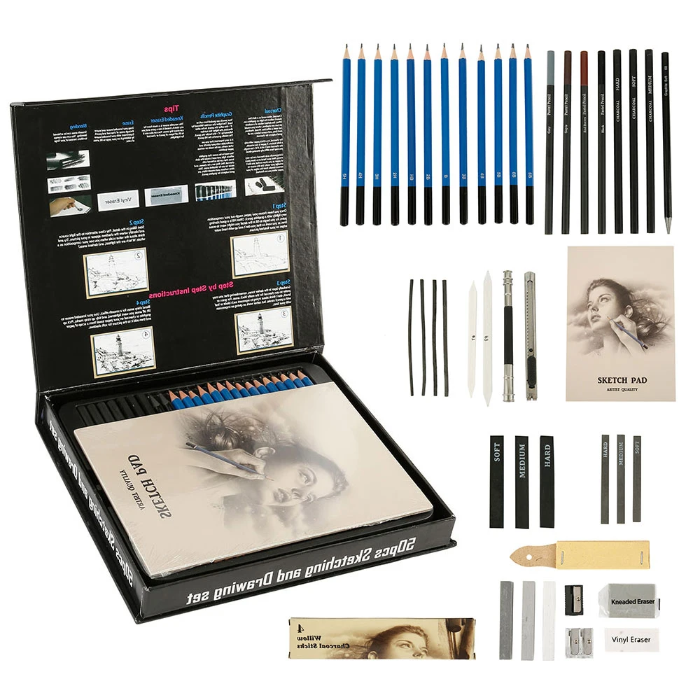 50 Pack Drawing Set Sketch Kit, Sketching Supplies with 3-Color Sketchbook, Graphite, and Charcoal Pencils