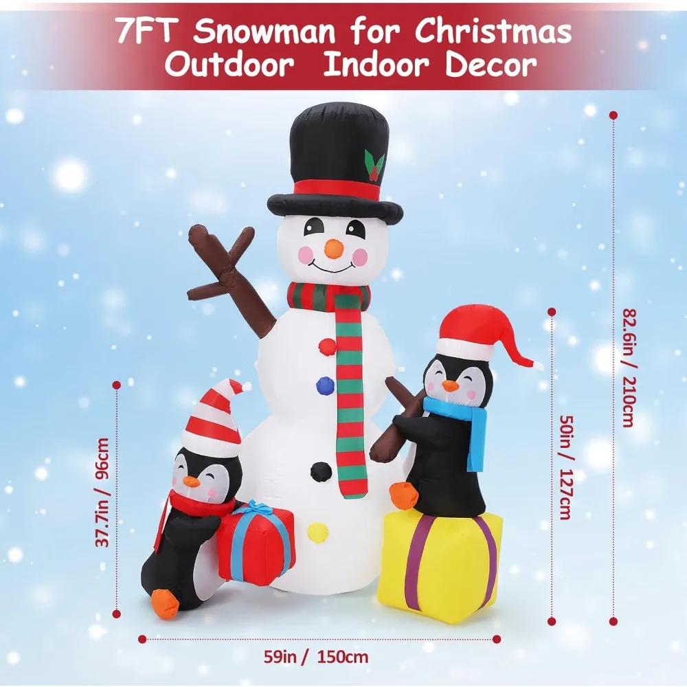 Christmas Inflatables 7FT Outdoor Decorations Snowman with Penguins, Blow Up Snowman Build-in Rotating Christmas Inflatables