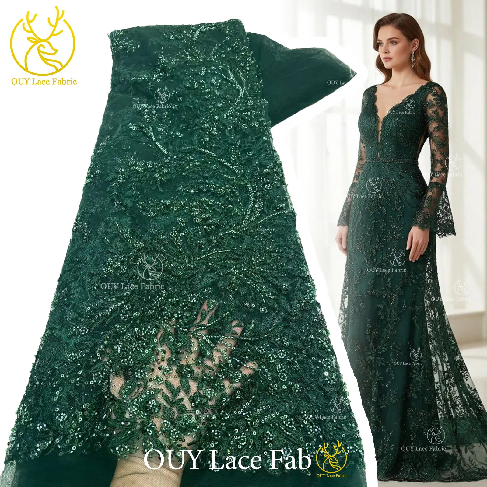 

2026 африканская кружевная ткань с бисером, зеленая нигерийская кружевная ткань с вышивкой блестками, французская тюль, подходит для шитья вечерних платьев