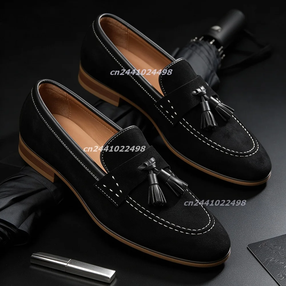 Vintage Tasseles Decor Faux Suede Penny Loafers for Men Low Block Heel Casual Dress Shoes, Retro Business Daily Walking Footwear