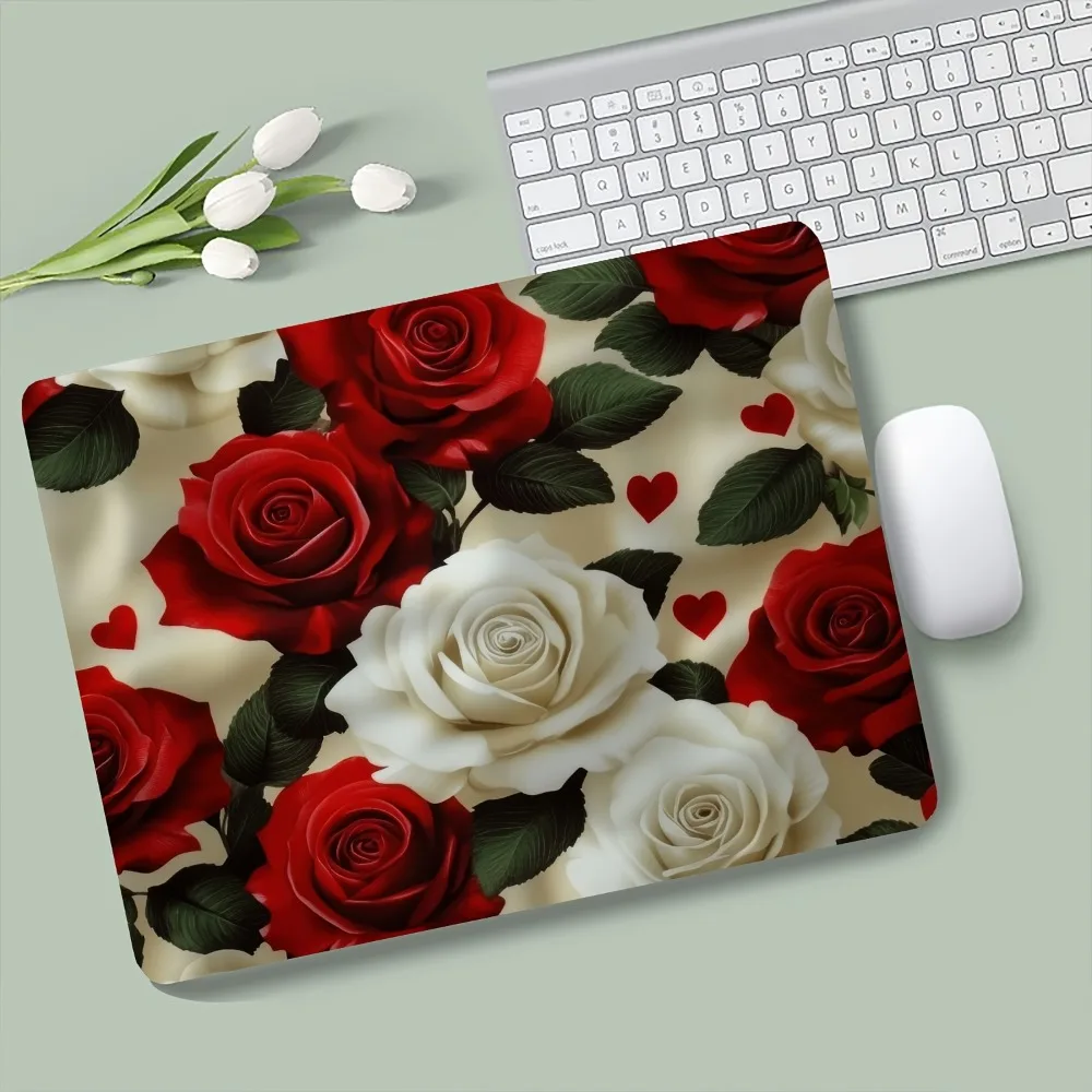 Mini Gaming Mouse Pad Rubber Non Slip Desk Mat Rose Floral Pattern Smooth Surface for PC Laptop