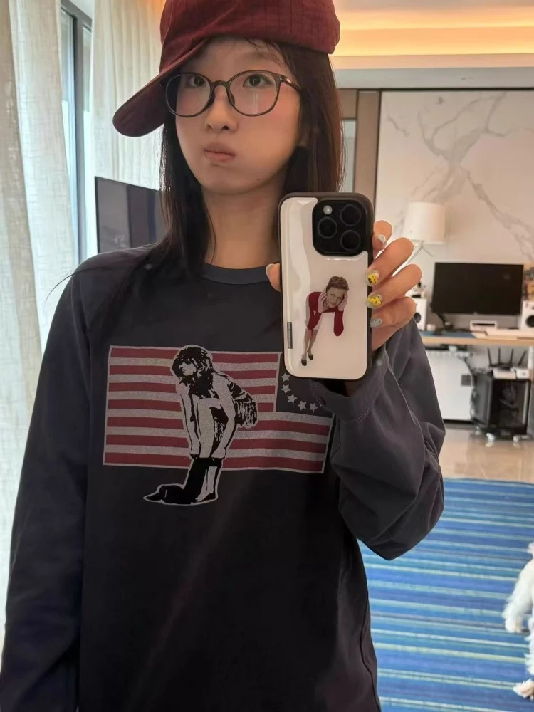 

HOUZHOU Black Flag Graphic Women's T-Shirts Harajuku Long Sleeve American Vintage Oversized Tees Casual All-match Streetwear