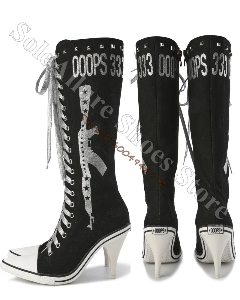 Canvas Knee High Boots Pointed Toe Stiletto Heel Glitter Letter Print Rivet Decor Glitter Lace Up Back Zipper Y2K Punk Boots