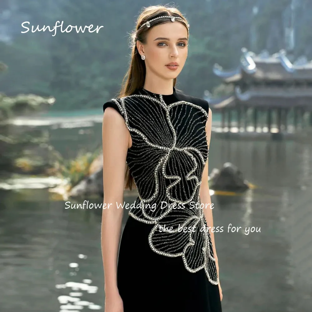 Sunflower Black Beading O-Neck Mermaid Formal Evening Dress Saudi Arabia 2024 Slim Crepe Sleeveless Floor-Length Prom Dress