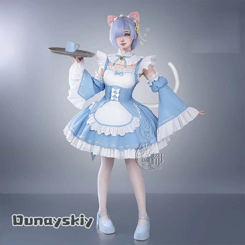 XS-2XL Re: Zero Starting Life in Another World Rem Cosplay Costume Bule French Maid  Dress Halloween Disguise for Adult Women