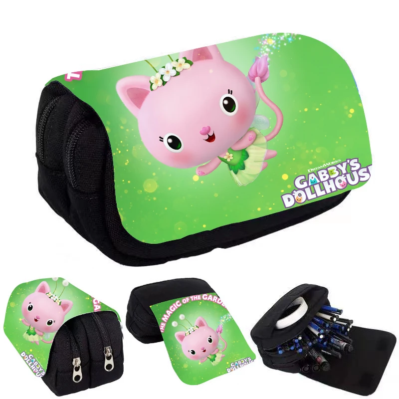 Gabbys Dollhouses Pencil Case Anime Double Layer High-capacity Zipper Stationery Box Storage Bag Pencil Case Kid Birthday Gifts