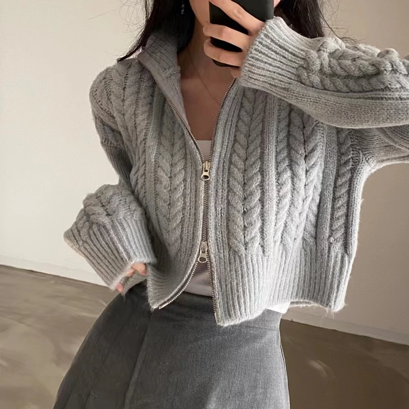 Chic ort Knitted Sweater Coat Women's Faion Double Zipper Turn-down Collar Retro Linen Pattern Spring Autumn Knit Cardigan