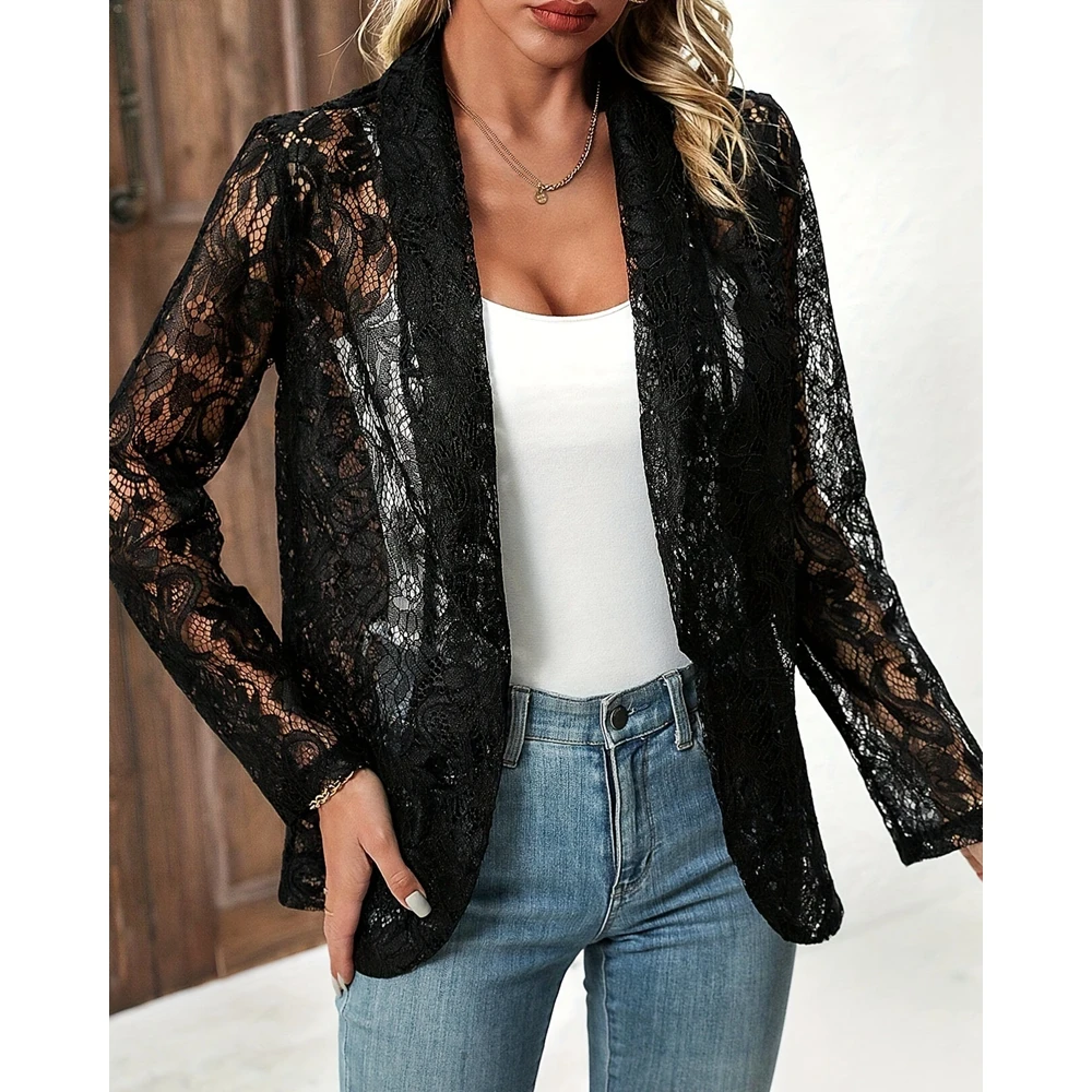 Women Open Stitch Lace Blazer Coat Femme Long Sleeve See Through Hollow Out Elegant Jacket Autumn Sexy Cardigan Outfits