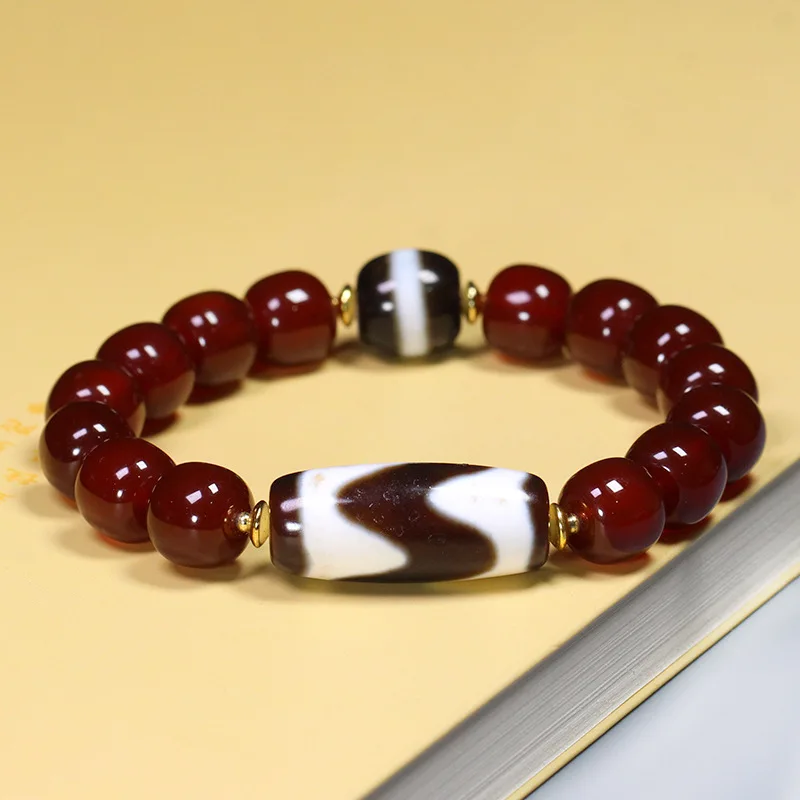 Sacred Ornaments of Tibet: Natural Agate Black and White Tiger Tooth Medicine Bead Old Sugar Ball Bracelet, approximately 29x12m