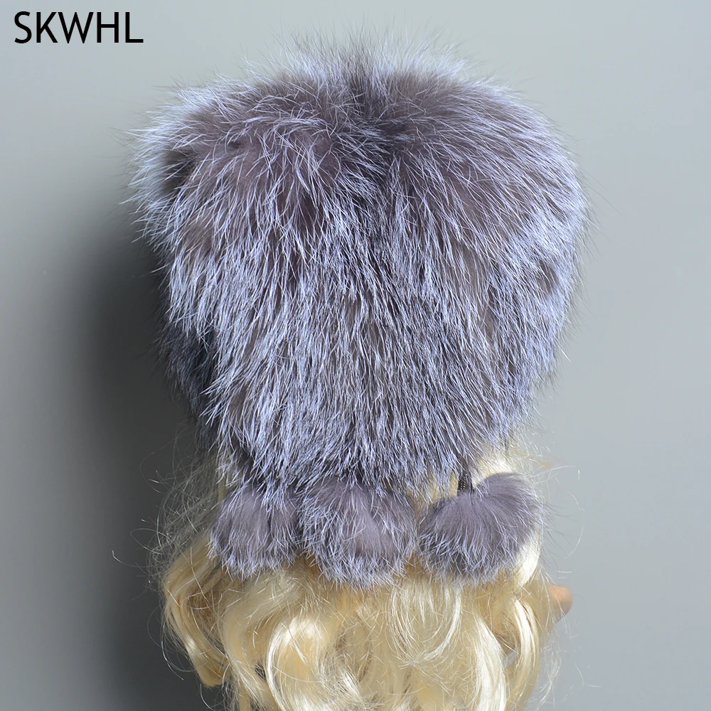 

Women Real Fox Fur Hats Winter Elastic Luxury Fur Caps Knitted Lined Genuine Raccoon Fox Fur Beanies Russian Bomber Hats