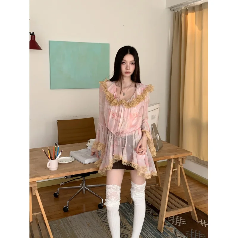 2026 New Summer Printed Chiffon Blouse Lace Collar Elegant Flare Long Sleeve Casual All Match Ladies Tops