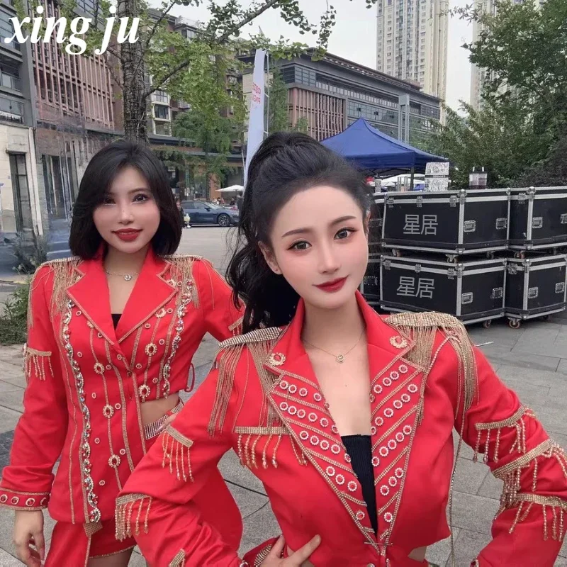 Women Group Nightclub DJ Stage Performance Costume Jazz Dance Sexy Red Short Coat Slim Halter Tops Pleated Skirt Tight Shorts