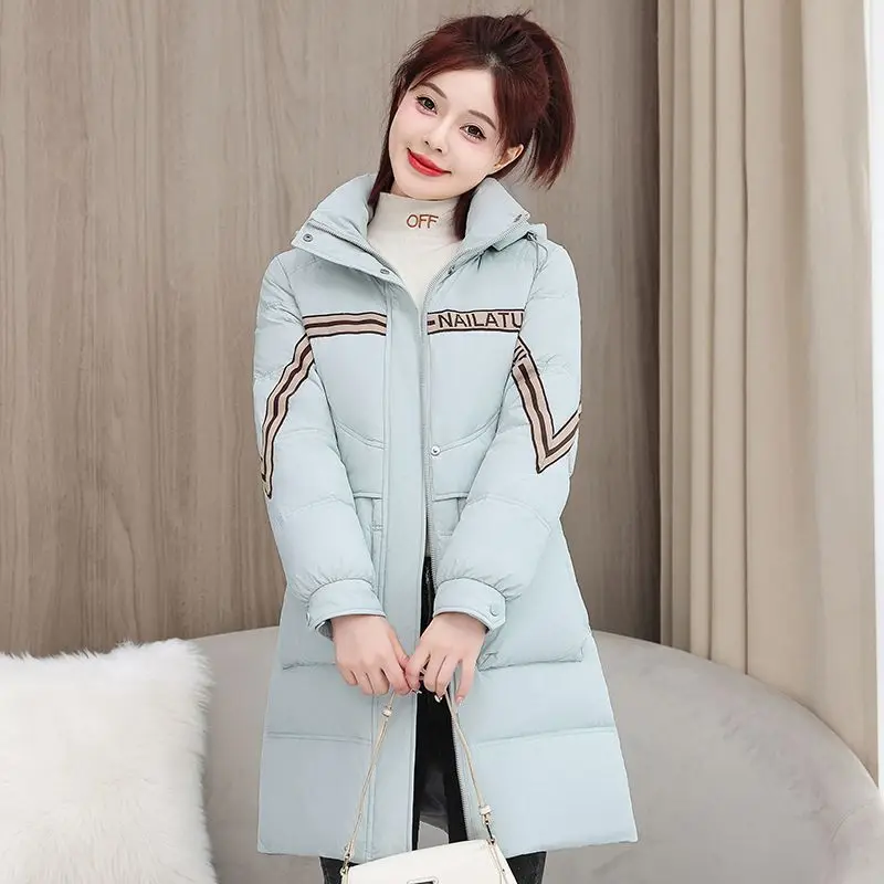 Korean Women Mid‑Length Winter Puffer Coat Removable Hood Side Vertical Quilt Detail Loose Warm Casual Down Outerwear
