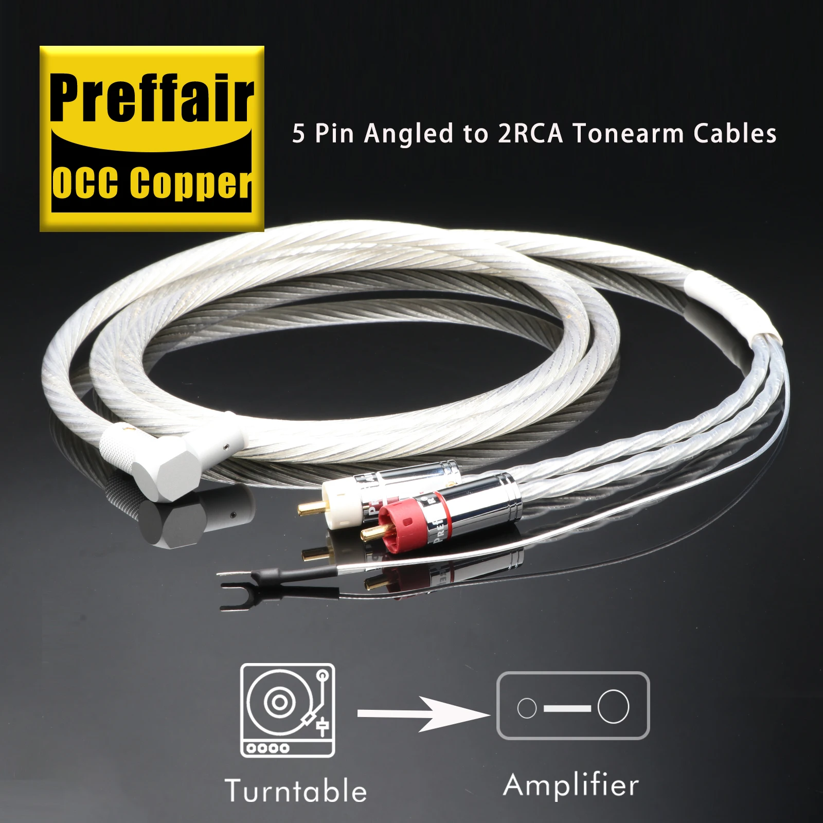 Preffair OCC Silver Plated Turntable Interconnect Cable 5Pin Female to Dual 24K Gold RCA Plug Anti-Hum Phono Signal Cable