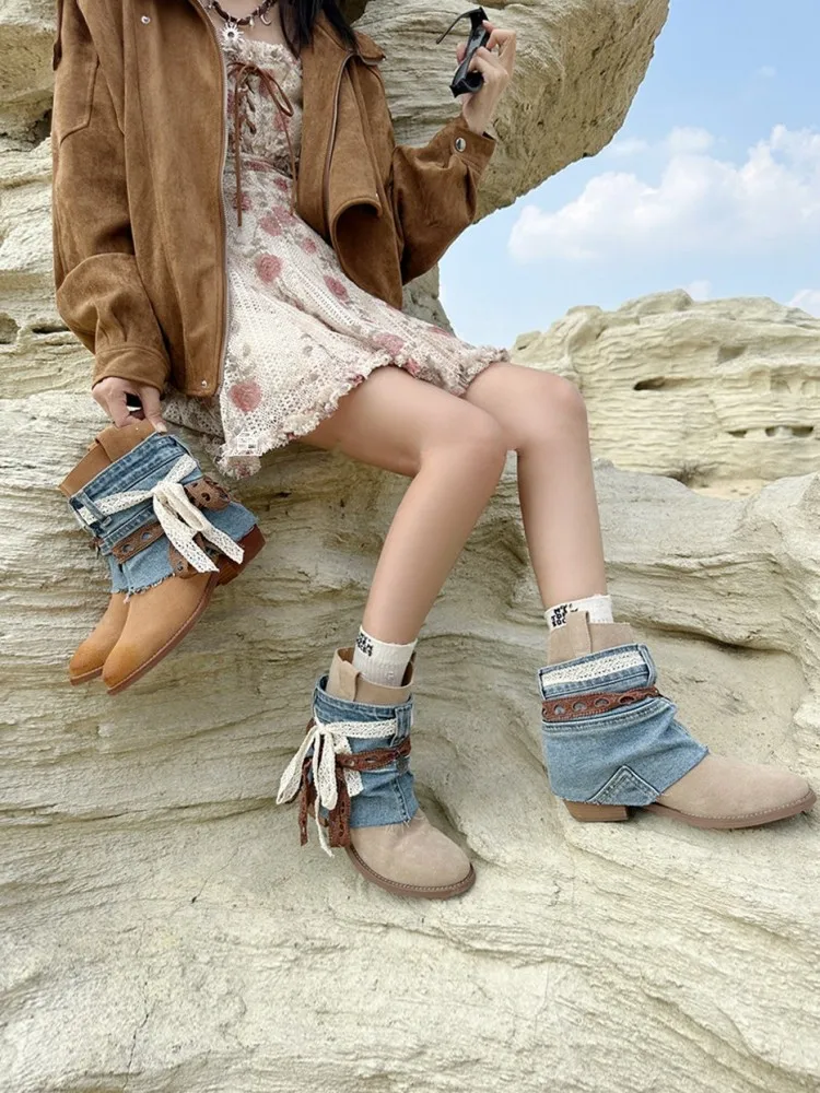 Women Vintage Genuine Leather Cowboy Boots Patchwork Slip On Chunky Heels Causal High Top Shoes Female Chelsea Short Boots New